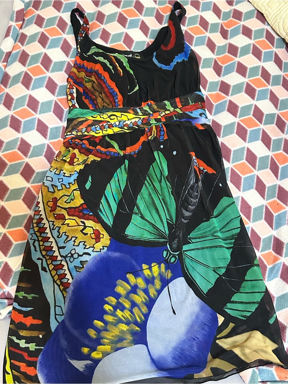 Desigual Black Floral & Butterfly A-Line Skirt with Green and Blue Accents
